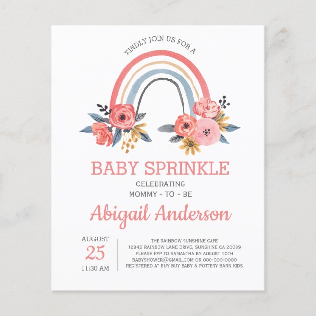 Budget Baby Sprinkle Rainbow Floral Einladung Flyer (Vorne)