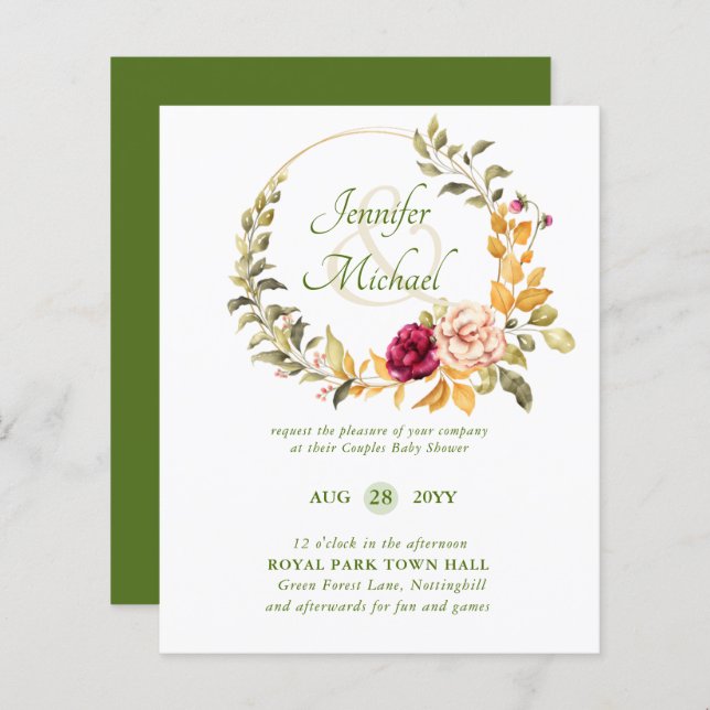 BUDGET Babydusche Burgund Blumenreath Einladung (Vorne/Hinten)