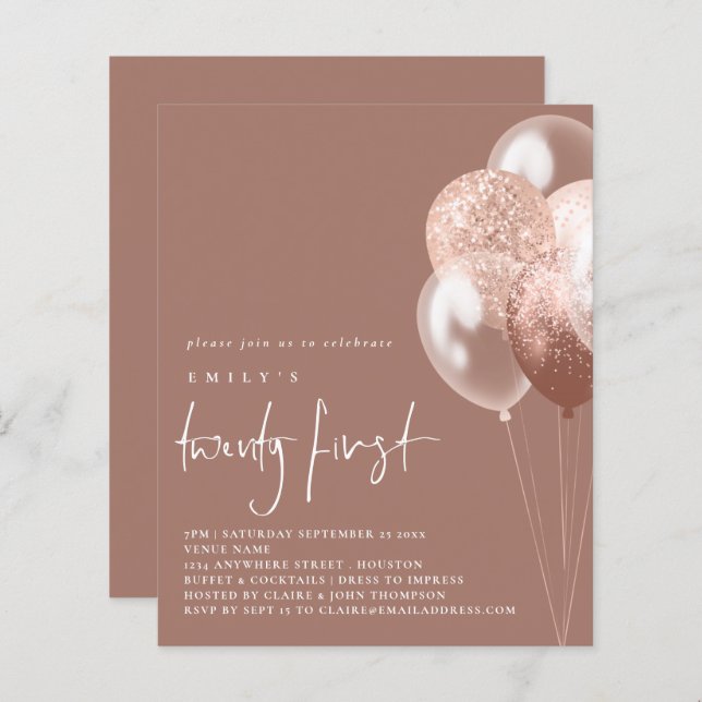 Budget Balloons Script Rose Gold 21. Party Einladu (Vorne/Hinten)