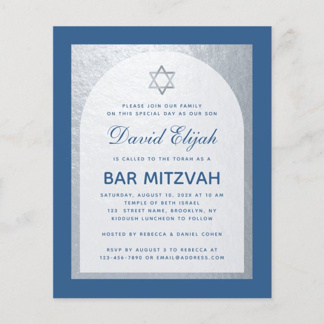 Budget Bar Mitzvah Classic Blue Silver Einladung (Vorderseite)
