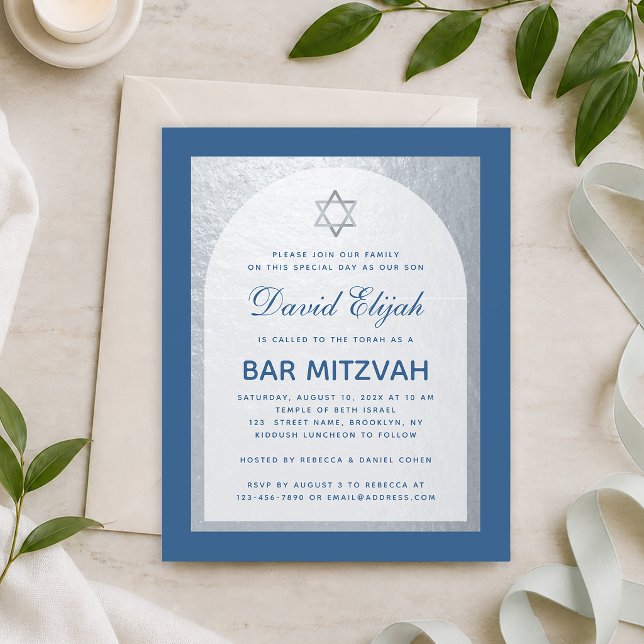 Budget Bar Mitzvah Classic Blue Silver Einladung (Von Creator hochgeladen)