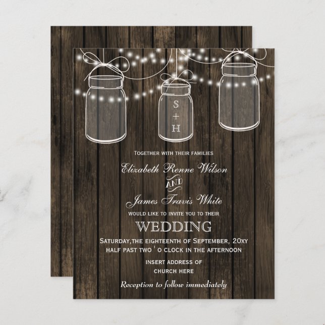 Budget Barnwood Mason Jars Hochzeitseinladungen (Vorne/Hinten)
