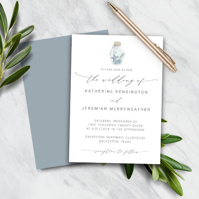 BUDGET Beach Seashell Moderne Script Hochzeit (BUDGET Beach Seashell Modern Script Wedding Invitation)