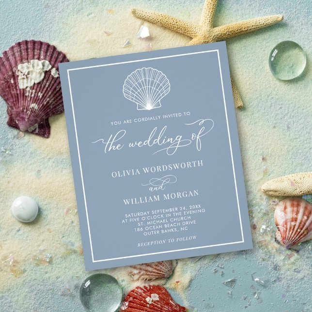 Budget Beach Seashell Wedding Einladung Dusty Blue Flyer (Von Creator hochgeladen)