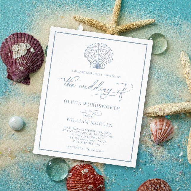 Budget Beach Seashell Wedding Einladung Dusty Blue Flyer (Von Creator hochgeladen)