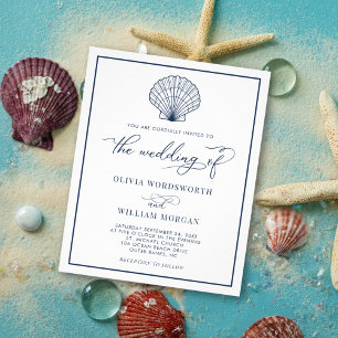 Budget Beach Seashell Wedding Einladung White Navy Flyer