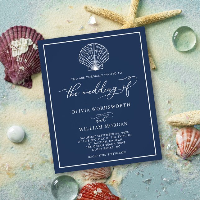 Budget Beach Seashell Wedite Invite Navy Blue Flyer (Von Creator hochgeladen)