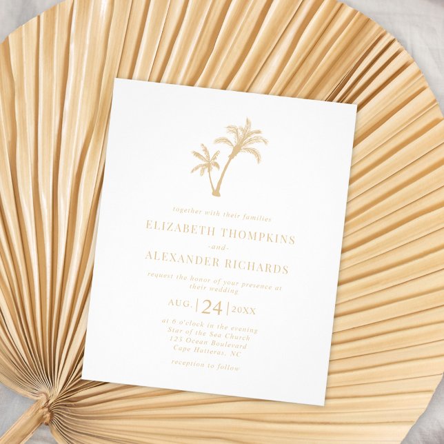 Budget Beach Tropical Palm Beige Hochzeitsempfang Flyer (Von Creator hochgeladen)