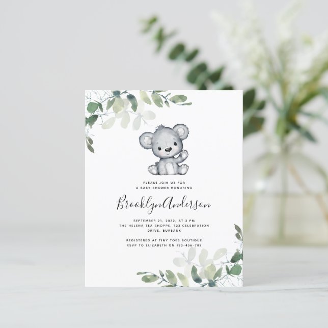 BUDGET Bear Eucalyptus Baby Dusche Einladung (Stehend Vorderseite)