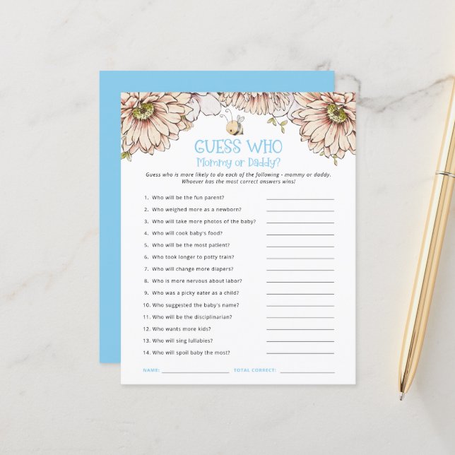 Budget Bee Guess Who Mama Vater Blue Baby Shower G (Vorderseite/Rückseite Beispiel)