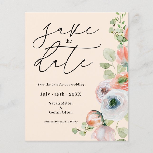 Budget Beige Coral Floral Save the Date Card (Vorderseite)