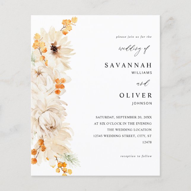 Budget Beige & Orange Blumenhochzeit Flyer (Vorne)