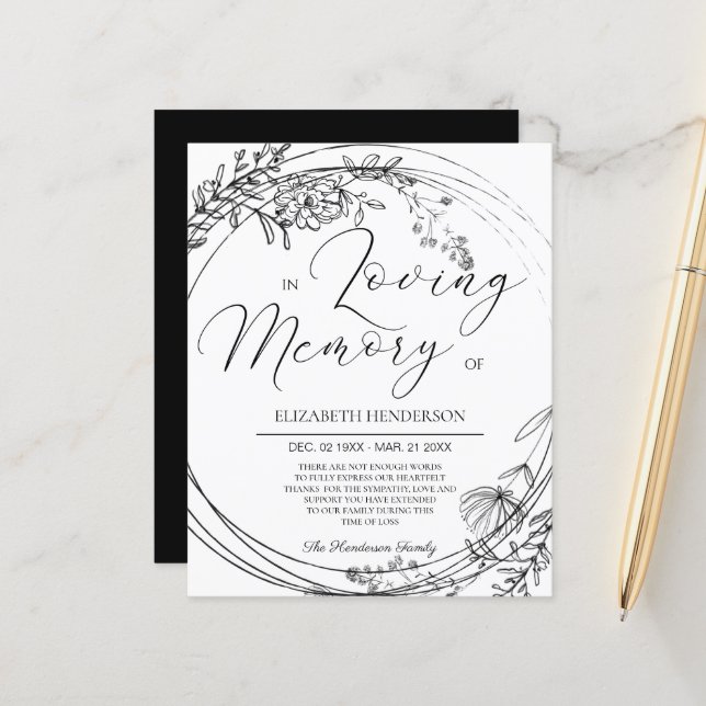 BUDGET Beileid Danke Karte. Papierblatt (Vorderseite/Rückseite Beispiel)