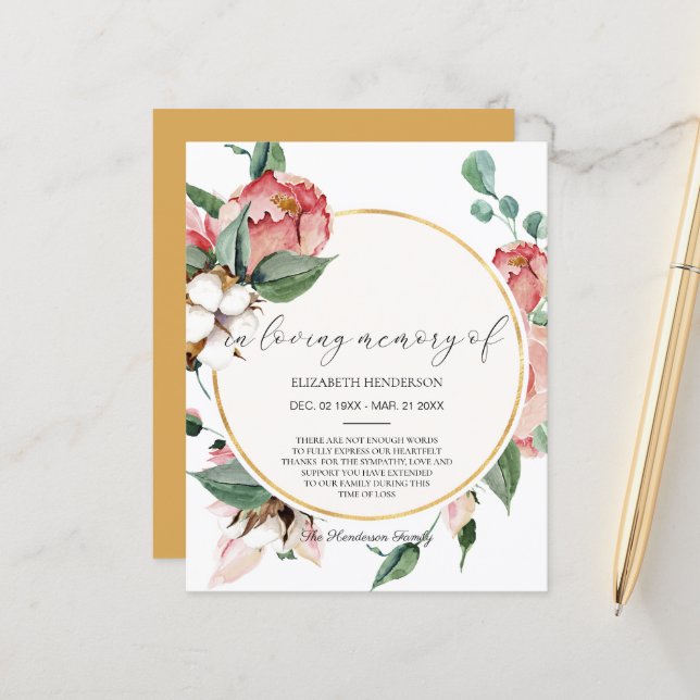 BUDGET Beileid Danke Karte. Papierblatt (Vorderseite/Rückseite Beispiel)