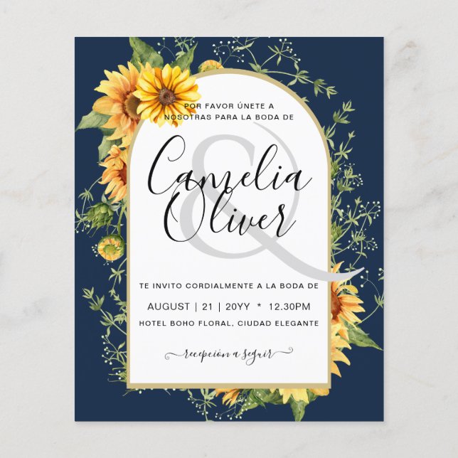 BUDGET Bilingual Sunflowers Spanish Wedding Boda Flyer (Hinten)