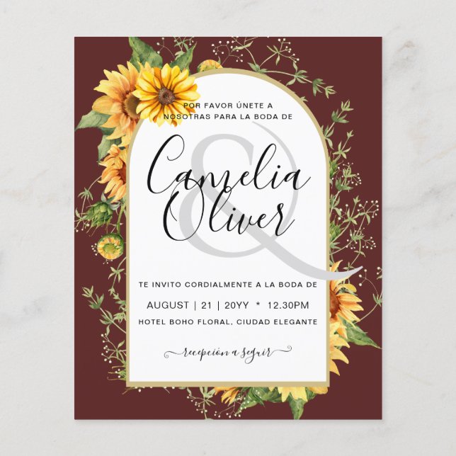 BUDGET Bilingual Sunflowers Spanish Wedding Boda Flyer (Hinten)