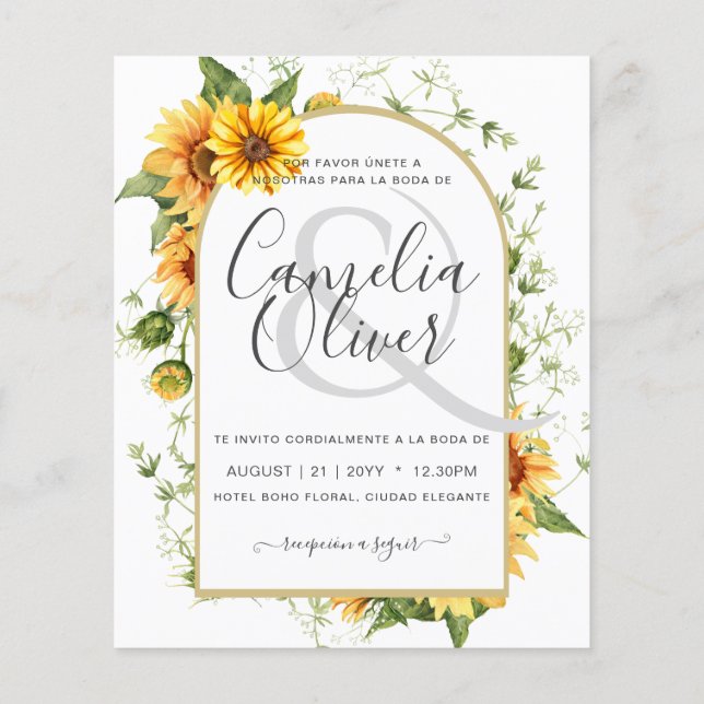 BUDGET Bilingual Sunflowers Spanish Wedding Boda Flyer (Hinten)