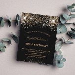 Budget Birthday black gold glitter invitation Postkarte<br><div class="desc">A modern,  stylish and glamorous invitation for a 40th (or any age) birthday party.  A black background decorated with faux glitter and sparkle. The name is written with a modern golden colored hand lettered style script.  Personalize and add your party details.</div>