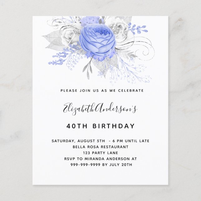 Budget Birthday Blau florale Silber Einladung (Vorderseite)