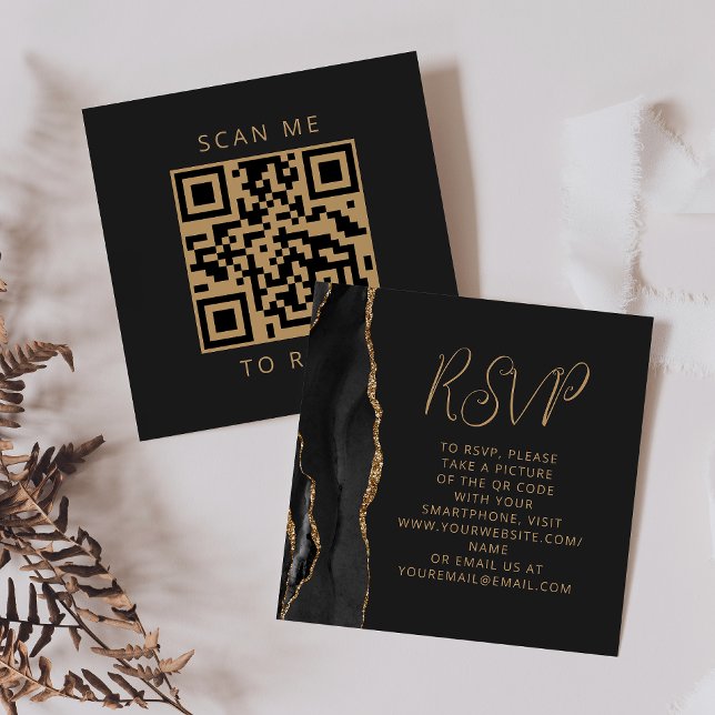 Budget Black Agate Gold Wedding QR Code UAWG Begleitkarte (Von Creator hochgeladen)