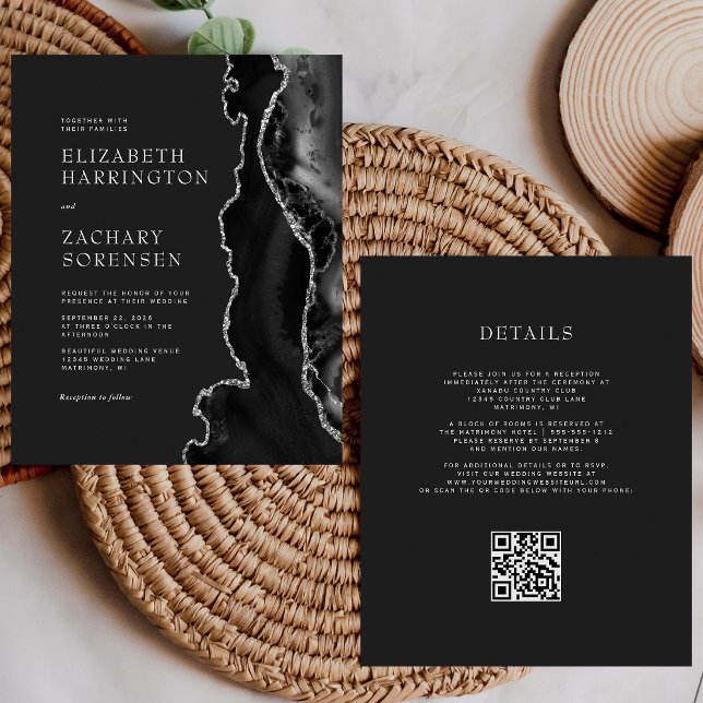 Budget Black Agate Silver QR Code Hochzeit Einladu (Von Creator hochgeladen)