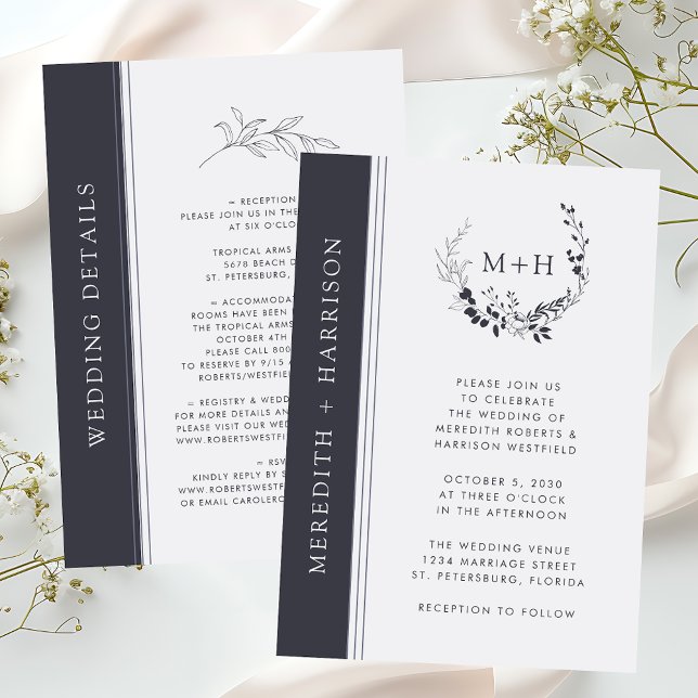 Budget Black and White Monogram Wedite (Budget Monogram Wreath Black and White All in One Details on Back Wedding Invitation)