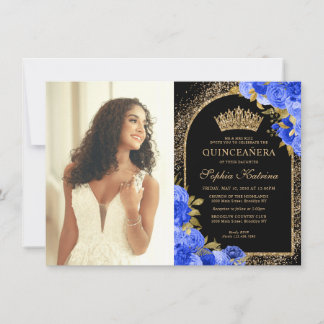Budget Black Blue Gold Floral Foto Quinceanera Mitteilungskarte