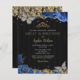 Budget Black Blue Rose Lace Sweet 16 Einladung