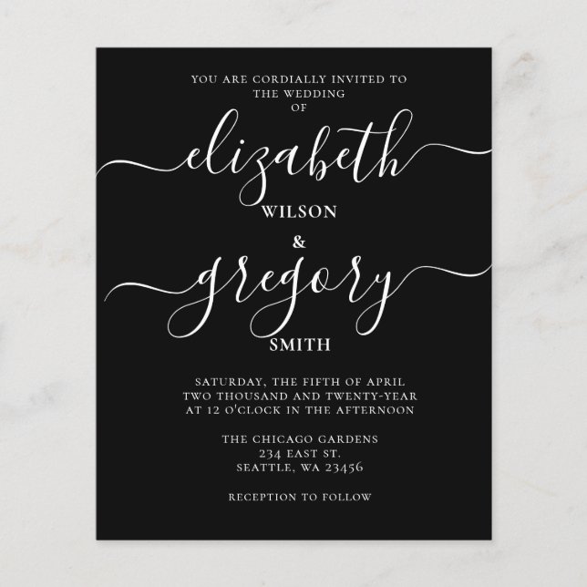 Budget Black Calligraphy Wedding Einladung (Vorderseite)