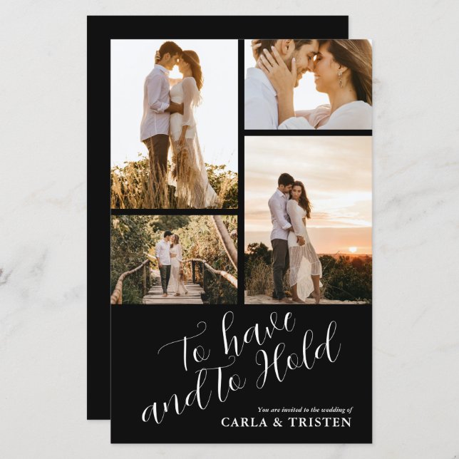 Budget Black Collage 4 Foto Hochzeit Einladung (Vorne/Hinten)