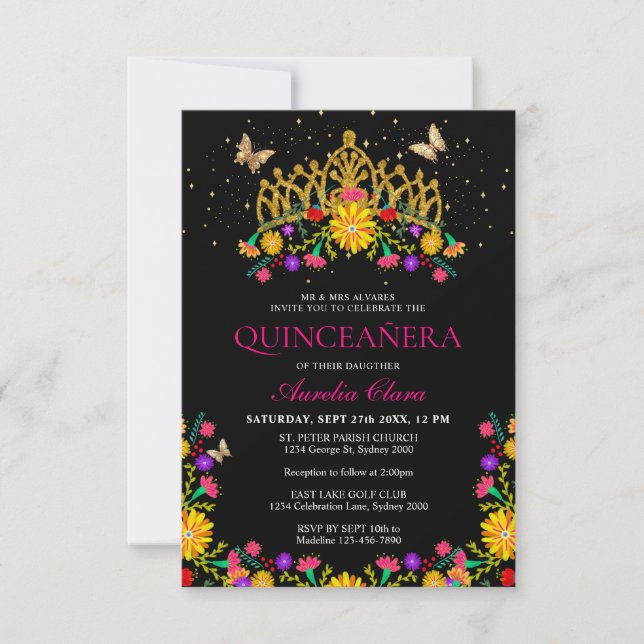 Budget Black Fiesta Floral Gold Tiara Quinceanera Mitteilungskarte (Vorderseite)