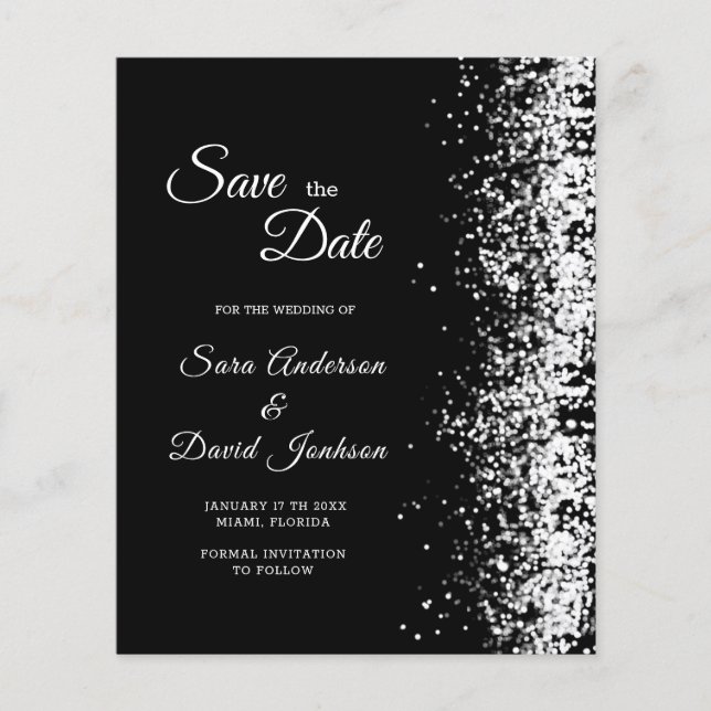 Budget Black Glitzer Save the Date Einladung (Vorderseite)