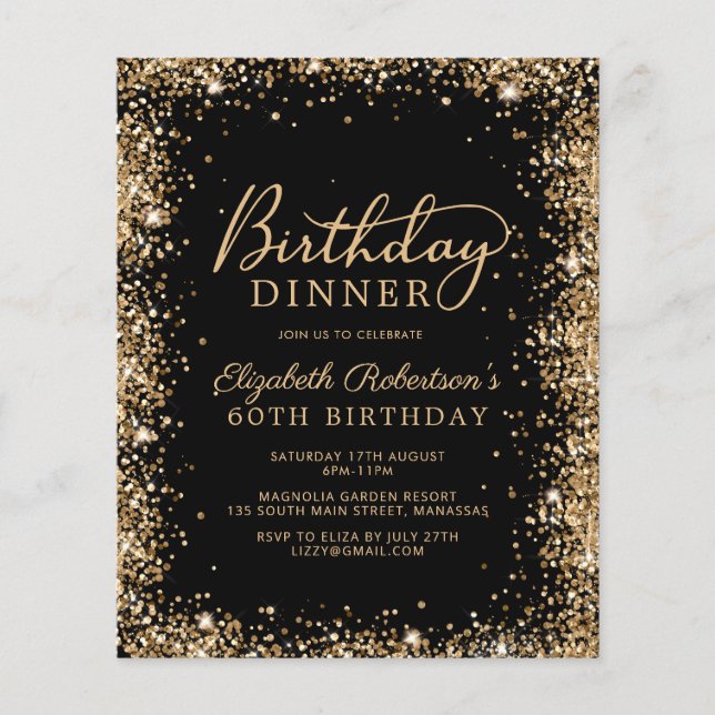 Budget Black Gold 60th Birthday Dinner Invitation (Vorderseite)