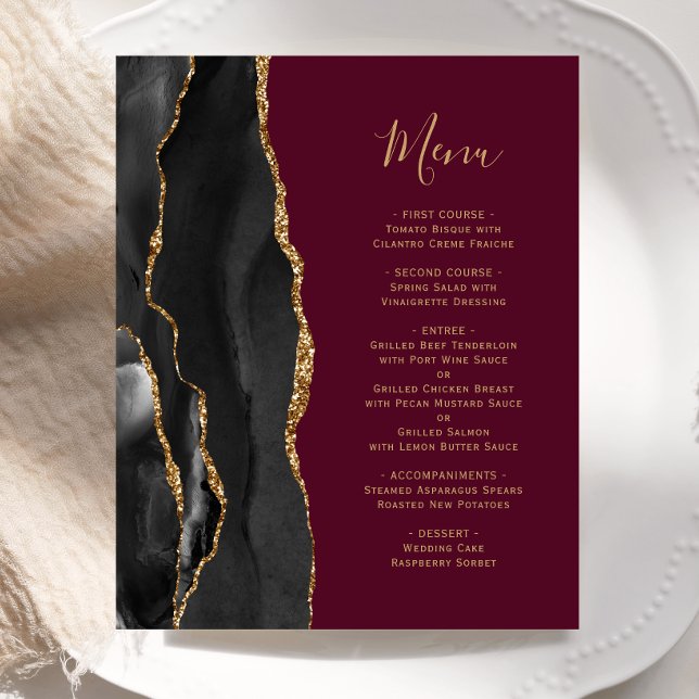 Budget Black Gold Agate Burgundy Wedding Menü (Von Creator hochgeladen)