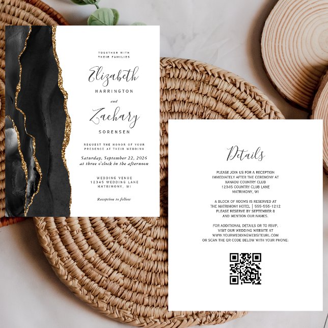 Budget Black Gold Agate QR Code Hochzeitsempfang (Von Creator hochgeladen)