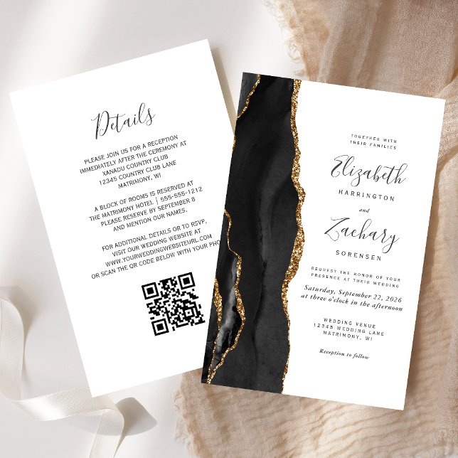 Budget Black Gold Agate QR Code Hochzeitsempfang (Von Creator hochgeladen)