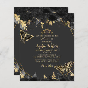 Budget Black Gold Butterfly SWEET 16 Einladung
