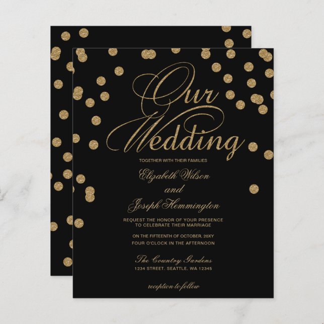 Budget Black Gold Confetti Hochzeit Einladung (Vorne/Hinten)