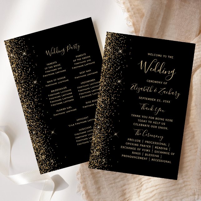 Budget Black Gold Glitter Edge Wedding Program (Von Creator hochgeladen)