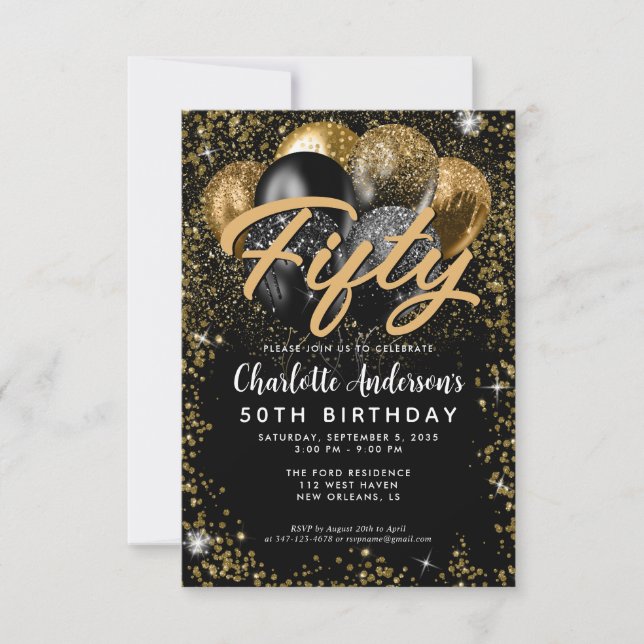 Budget Black Gold Glitzer Ballon Jedes Alter Gebur Mitteilungskarte (Vorderseite)