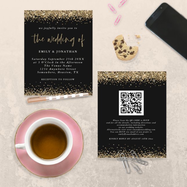 Budget Black Gold Glitzer QR Code Einladung (Von Creator hochgeladen)