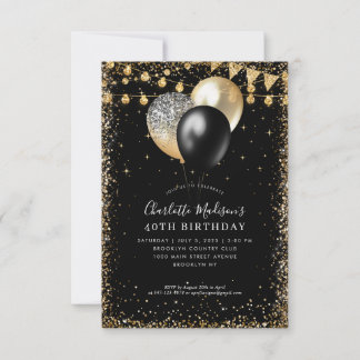 Budget Black Gold Glitzern Lights Balloon Geburtst Mitteilungskarte