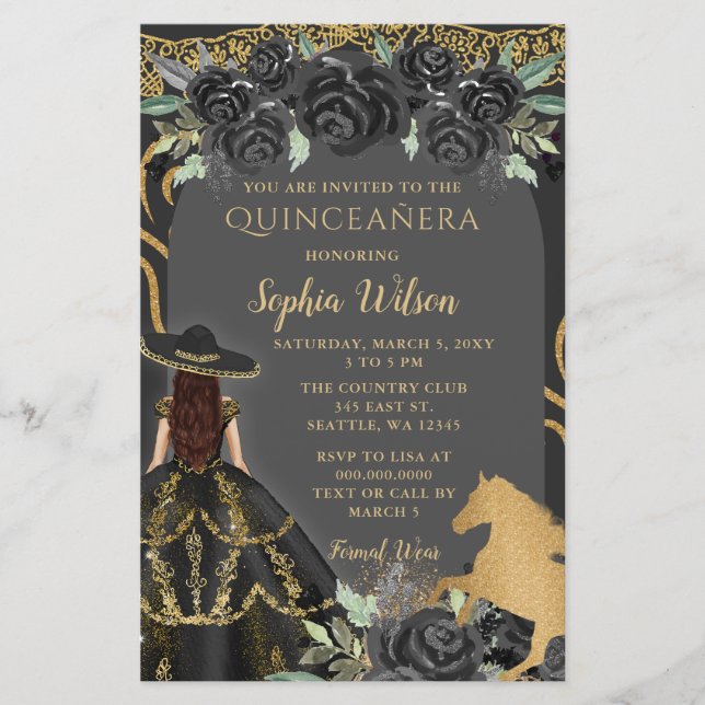 Budget Black Gold Pferd Floral Charra Quinceañera (Vorderseite)