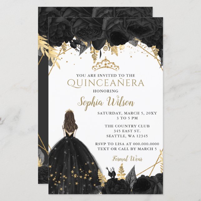 Budget Black Gold Princess Quinceañera Einladung (Vorne/Hinten)