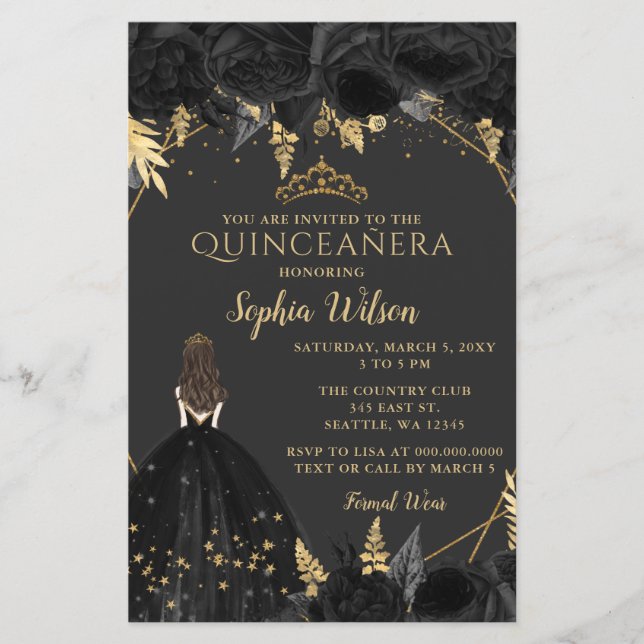 Budget Black Gold Princess Quinceañera Einladung (Vorderseite)