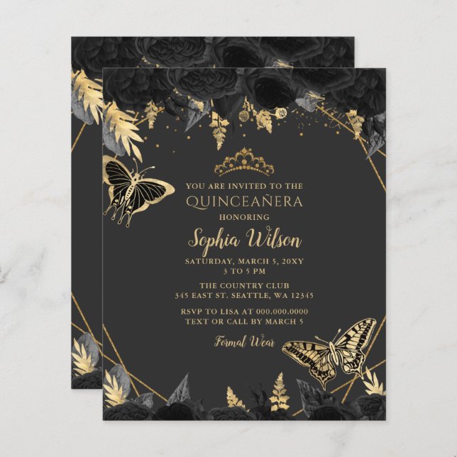 Budget Black Gold Schmetterling Quinceañera Einlad (Vorne/Hinten)