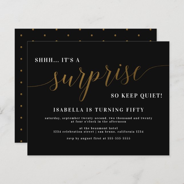 Budget Black & Gold Script Überraschung Geburtstag (Vorne/Hinten)