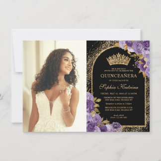 Budget Black Lila Gold Floral Foto Quinceanera Mitteilungskarte