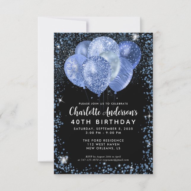 Budget Black Navy Blue Glitzer Balloon Geburtstag Mitteilungskarte (Vorderseite)