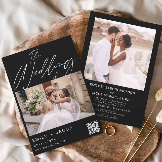 Budget Black QR Code Foto Hochzeitseinladung (Von Creator hochgeladen)